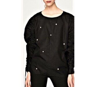 ZARA Blouse with Pearls Accent Size -L Black Premium Denim